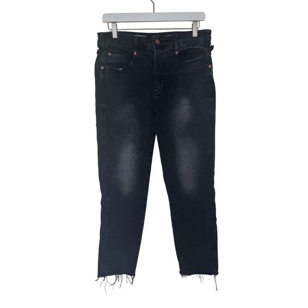 Anthropologie Pilcro High Rise Straight Leg Black Denim Jeans Frayed Hem Size 29